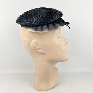 Original 1940’s Navy Blue Straw Topper Hat with White and Blue Ruffle Trim