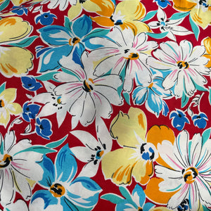 Bold Floral Floppy Cotton Dressmaking Fabric - Red Base with Floral Print in Pink, Blue, White and Orange - 36" x 140"