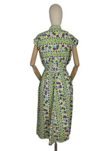 Load image into Gallery viewer, Original 1940&#39;s Green, Purple, Yellow and Blue Cotton Day Dress with Ric-rac Trim - Bust 38
