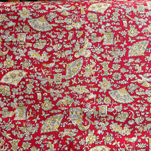 Load image into Gallery viewer, 100% Cotton Dressmaking Fabric in Red, Cream and Yellow Japanese Print with Geisha, Storks, Butterflies and Temples - 40&quot; x 180&quot;
