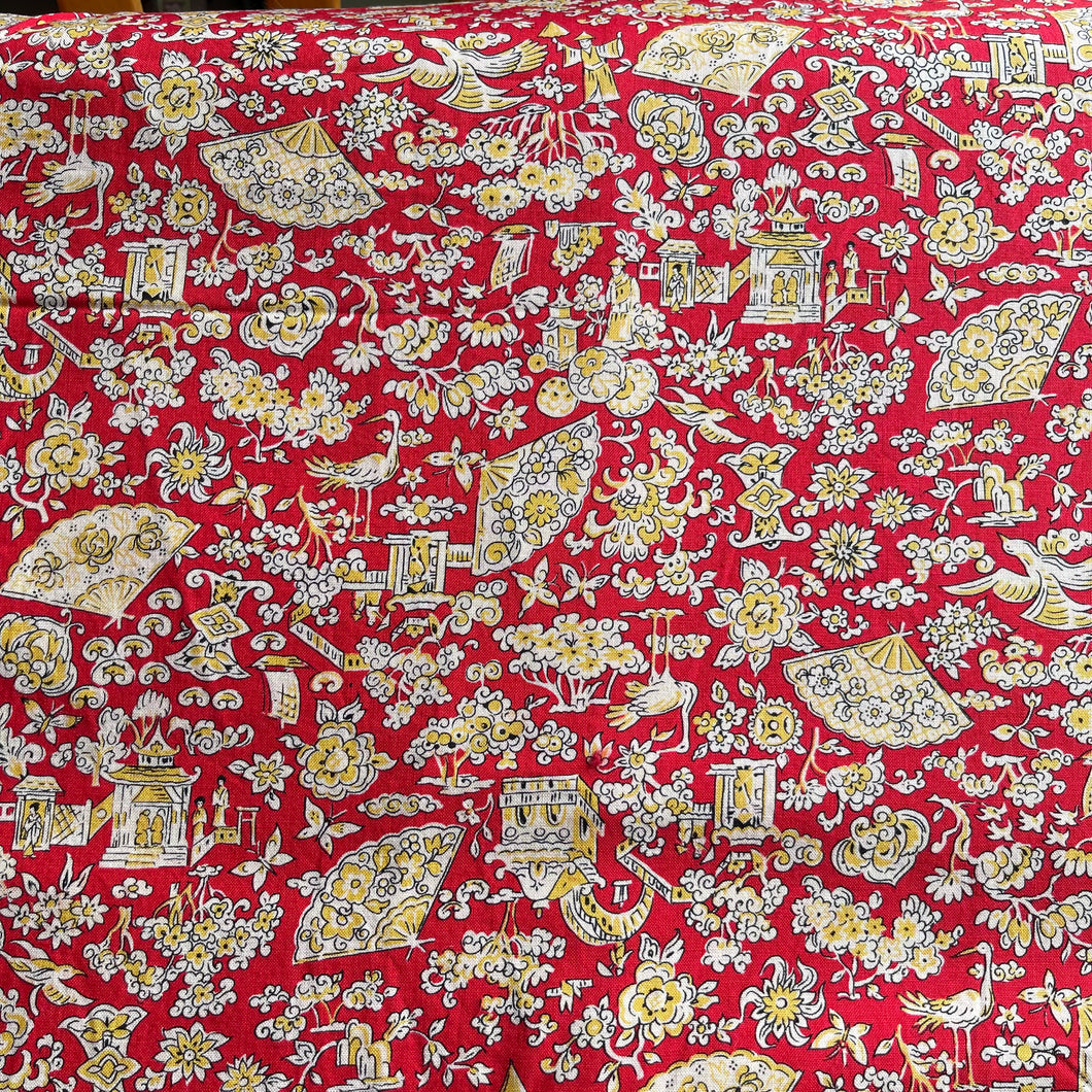 100% Cotton Dressmaking Fabric in Red, Cream and Yellow Japanese Print with Geisha, Storks, Butterflies and Temples - 40