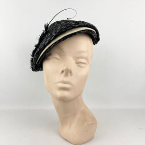 Original 1930's Black and White Lacquered Raffia Hat with Feather Trim