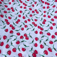 Load image into Gallery viewer, White Cotton Seersucker with Bright Red Cherry Print with Green Leaves - 58&quot; x 60&quot;
