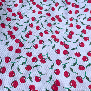 White Cotton Seersucker with Bright Red Cherry Print with Green Leaves - 58" x 60"