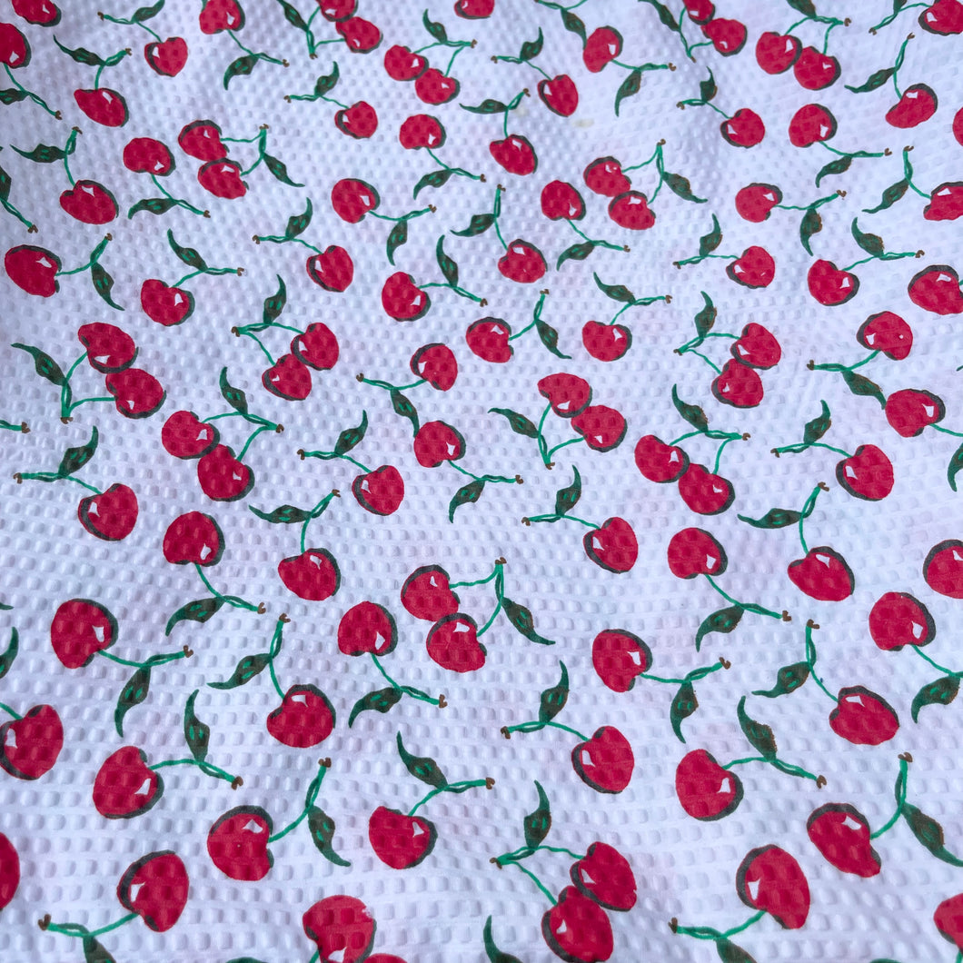 White Cotton Seersucker with Bright Red Cherry Print with Green Leaves - 58
