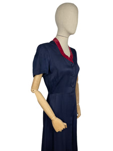 Original 1940's Classic Navy Blue Day Dress with Button Front and Red Velvet Trim - Bust 35 36 *