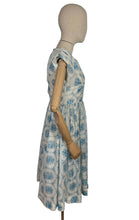 Load image into Gallery viewer, Original 1950&#39;s White and Blue Nylon Day Dress with Pretty Roses Print - Bust 34 36
