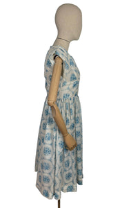 Original 1950's White and Blue Nylon Day Dress with Pretty Roses Print - Bust 34 36