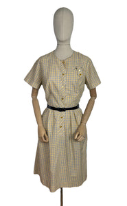 Original Late 1950's or Early 1960's Smartsette Lightweight Cotton Day Dress in Yellow, Black and White Check - Bust 42