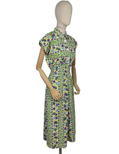 Load image into Gallery viewer, Original 1940&#39;s Green, Purple, Yellow and Blue Cotton Day Dress with Ric-rac Trim - Bust 38
