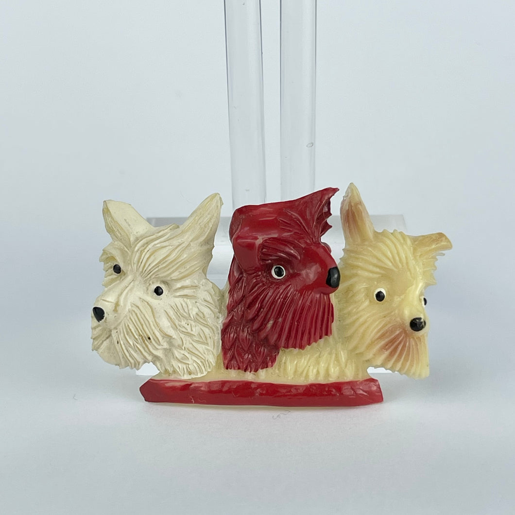 Original 1940's 1950's Trio of Scottie Dogs Brooch in Red, White and Cream