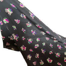 Load image into Gallery viewer, Original 1940&#39;s Black Pure Silk Novelty Print Dressmaking Fabric with Flowers and Houses in Pink, Green and Purple - 35&quot; x 140&quot;

