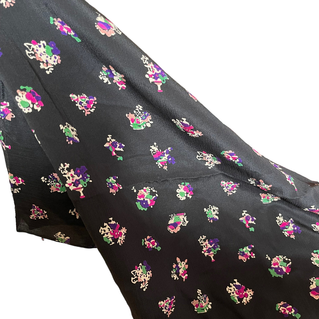 Original 1940's Black Pure Silk Novelty Print Dressmaking Fabric with Flowers and Houses in Pink, Green and Purple - 35