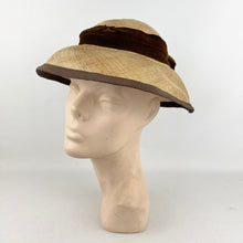 Load image into Gallery viewer, Original 1950&#39;s Natural Straw Hat with Dark Chocolate Brown Velvet Ribbon and Bow Trim - AS IS *

