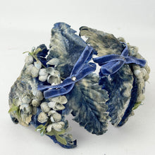 Load image into Gallery viewer, Original 1950’s Flower and Leaf Half Hat in Soft Blue and Green with Double Bow Trim
