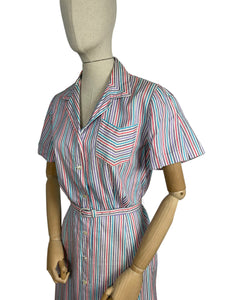 Original Late 1940's White Stripe Summer Dress in Purple, Pink, Turquoise and Black - Bust 40 42