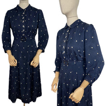 Load image into Gallery viewer, Original 1930&#39;s Navy Silk Belted Day Dress with Cream Polka Dots - Bust 36 38
