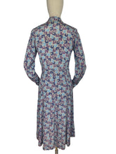 Load image into Gallery viewer, Original 1940’s Long Sleeved Silk Crepe Day Dress with Glass Buttons in Pink, Purple and Blue Abstract Print - Bust 36 38 *
