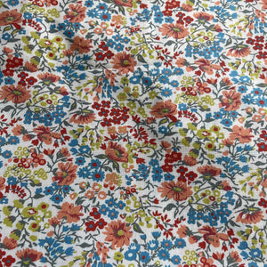 Vintage Floral Cotton Dressmaking Fabric - White Base with Blue, Coral and Green Print - 42" x 104"
