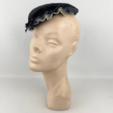 Load image into Gallery viewer, Original 1940’s Navy Blue Straw Topper Hat with White and Blue Ruffle Trim
