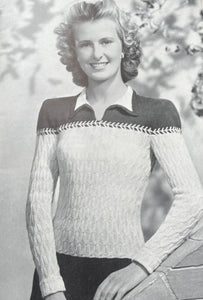 1940's Reproduction Hand Knitted Long Sleeved Cable Jumper with Neat Collar in Mauve Pink and Ginseng Grey - Bust 34
