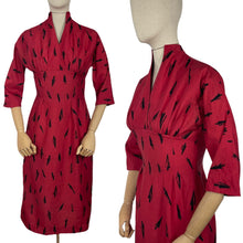 Load image into Gallery viewer, Original 1950&#39;s Red and Black Novelty Print Arrow Head Wiggle Dress by Linzi Line in Liberty of London Silk - Bust 34
