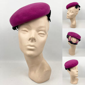 Original 1940’s Fuchsia Pink Felt Hat with Black Grosgrain Bow Trim *