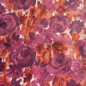 Original 1950's Cotton Rayon Dressmaking Fabric with Floral Print in Orange and Purple on White - 36" x 130