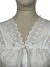 Load image into Gallery viewer, Antique White Cotton Chemise with Sleeves -  Broderie Anglaise, Pintucks, Tie Waist and Yoke - Bust 34 36 *
