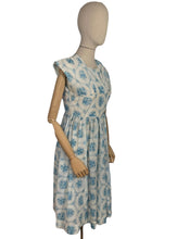 Load image into Gallery viewer, Original 1950&#39;s White and Blue Nylon Day Dress with Pretty Roses Print - Bust 34 36
