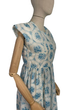 Load image into Gallery viewer, Original 1950&#39;s White and Blue Nylon Day Dress with Pretty Roses Print - Bust 34 36
