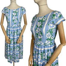 Load image into Gallery viewer, Original 1950&#39;s Floppy Cotton Day Dress in Blue and White Roses Stripe - Bust 34 35
