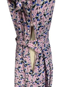 Original 1940's Novelty Print Belted Day Dress in Pink, White, Black and Blue Featuring Birds - Bust 36