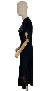 Utterly Incredible True Volup Original 1930's 1940's Satin Backed Crepe Dress with Hand Painted Floral Design - Bust 44 46
