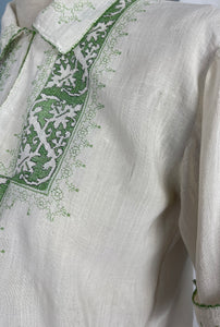 Original 1930's Hand Embroidered Muslin Blouse - Stunning Green Leaf Embroidery - Bust 34 36