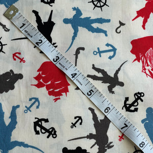 Riley Blake Pirate Mateys Fabric - White With Pirates and Ships in Red, Blue and Black - 100% Cotton - 42" x 48"