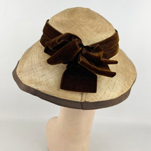 Load image into Gallery viewer, Original 1950&#39;s Natural Straw Hat with Dark Chocolate Brown Velvet Ribbon and Bow Trim - AS IS *
