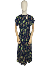 Load image into Gallery viewer, Stunning Original 1940&#39;s Dark Blue Dress with Cerise Pink and Lime Green Leaf Print
