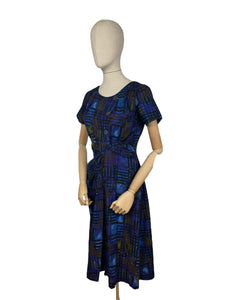 Original 1960’s Cotton Day Dress in Blue with Abstract Print - Bust 36 38