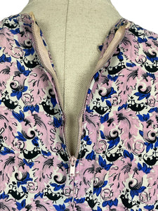 Original 1940's Novelty Print Belted Day Dress in Pink, White, Black and Blue Featuring Birds - Bust 36