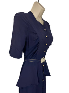 Original 1930's Navy Blue Crepe Belted Day Dress with Half Peplum and Two-Tone Buttons - Bust 32" *