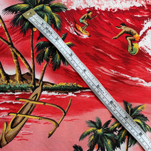 Load image into Gallery viewer, Red Hawaiian Themed Fabric with Surfers and Palm Trees - 100% Cotton Dressmaking Fabric - 44&quot; x 72&quot;
