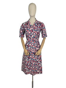 Original 1940's Red, White and Blue Cotton Chore Dress with Pockets - Great Summer Frock - Bust 36 38