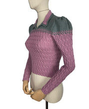 Load image into Gallery viewer, 1940&#39;s Reproduction Hand Knitted Long Sleeved Cable Jumper with Neat Collar in Mauve Pink and Ginseng Grey - Bust 34

