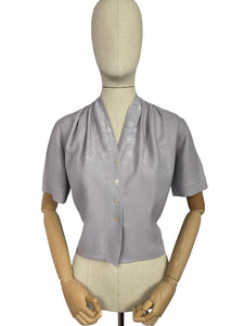 Wounded But Wearable Original 1940's Lavender Blue Crepe Blouse with Embroidered Front - Bust 38 *