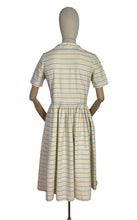 Load image into Gallery viewer, Original 1950&#39;s Thick Cotton Zip Front Dress in White, Yellow and Blue Stripe - Bust 36
