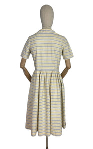 Original 1950's Thick Cotton Zip Front Dress in White, Yellow and Blue Stripe - Bust 36