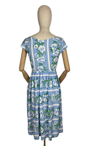 Original 1950's Floppy Cotton Day Dress in Blue and White Roses Stripe - Bust 34 35