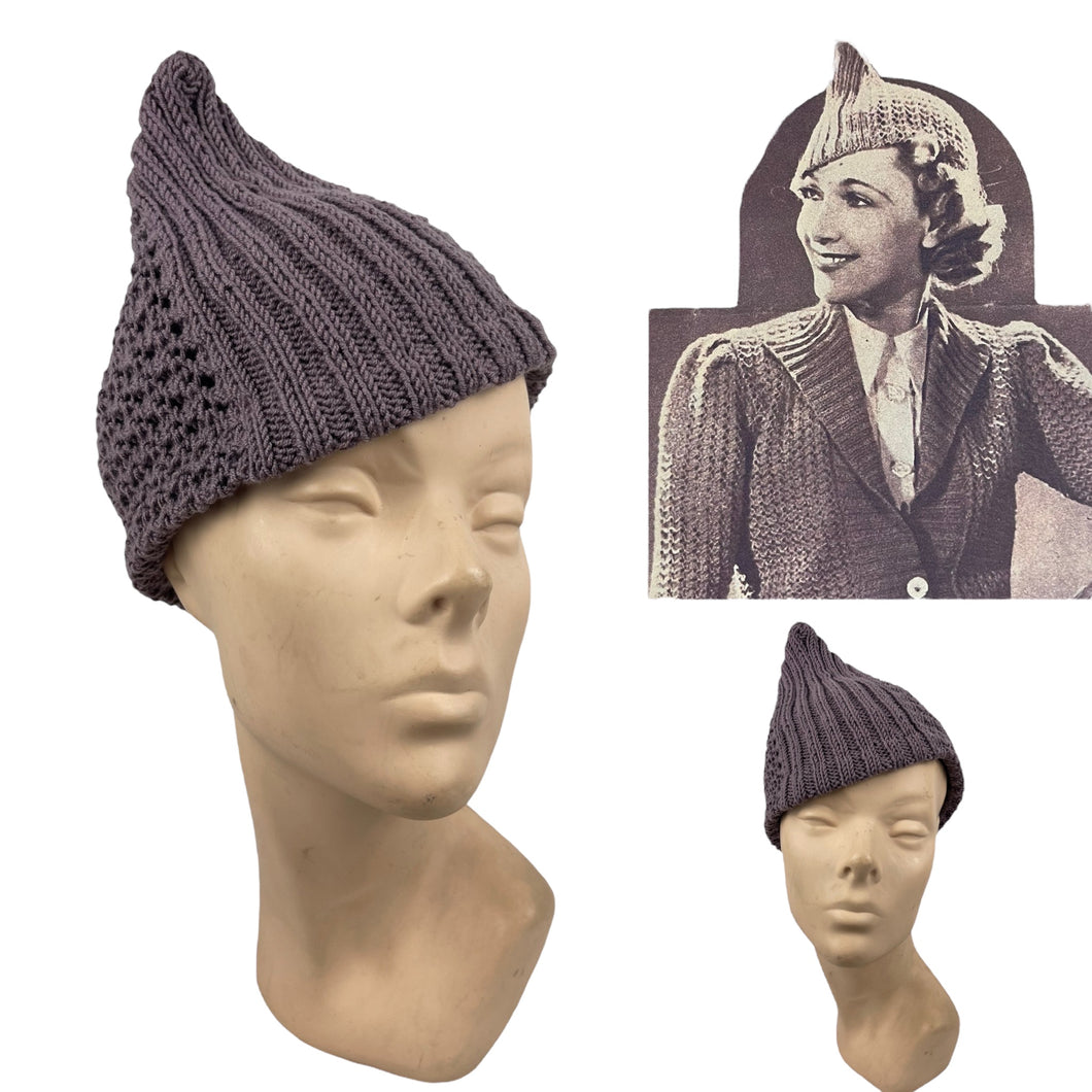 Reproduction 1930's Pointed Hat - Hand Knitted in Merino Wool in Mulberry