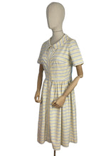 Load image into Gallery viewer, Original 1950&#39;s Thick Cotton Zip Front Dress in White, Yellow and Blue Stripe - Bust 36
